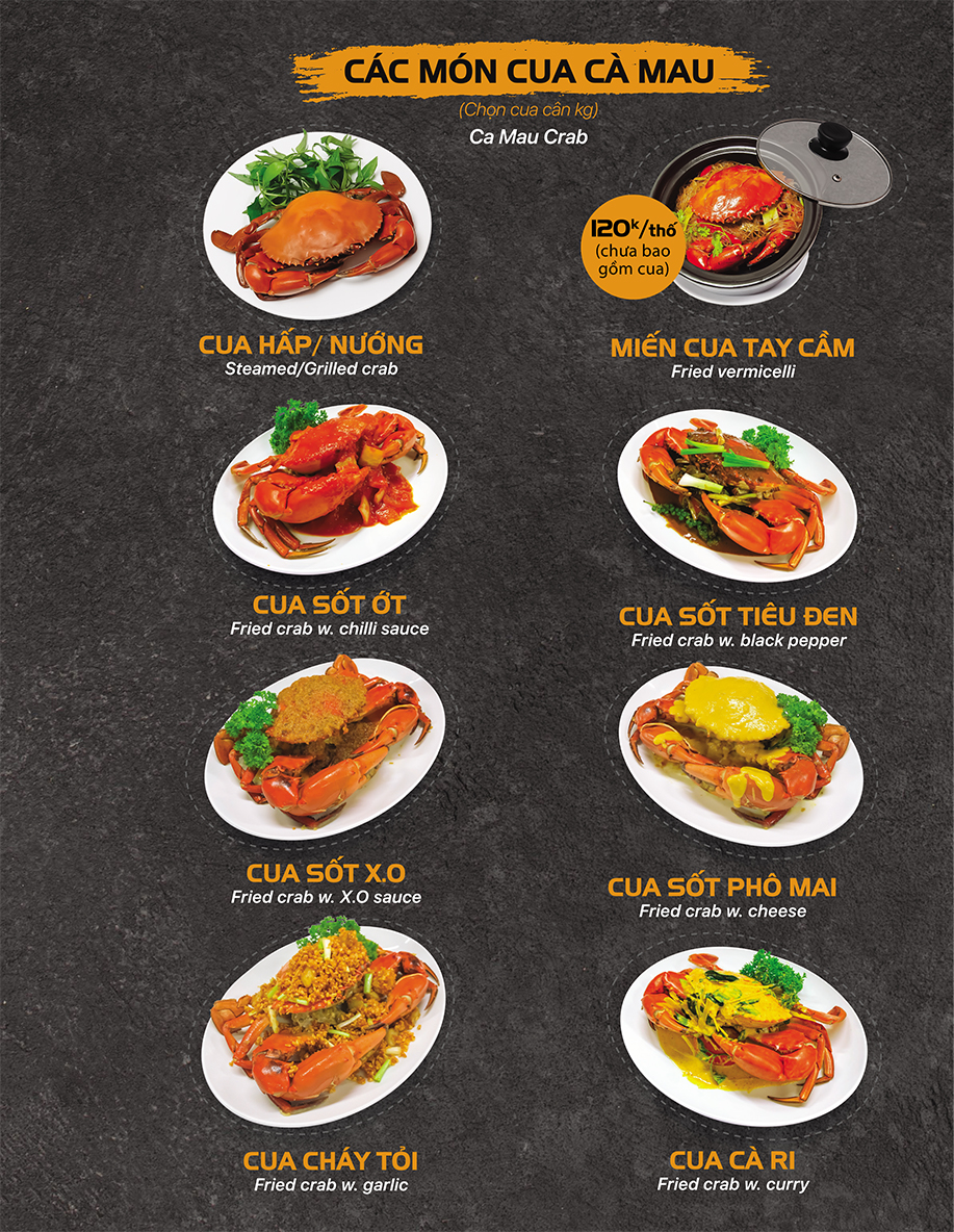 Trang thực đơn các món cua Cà Mau
