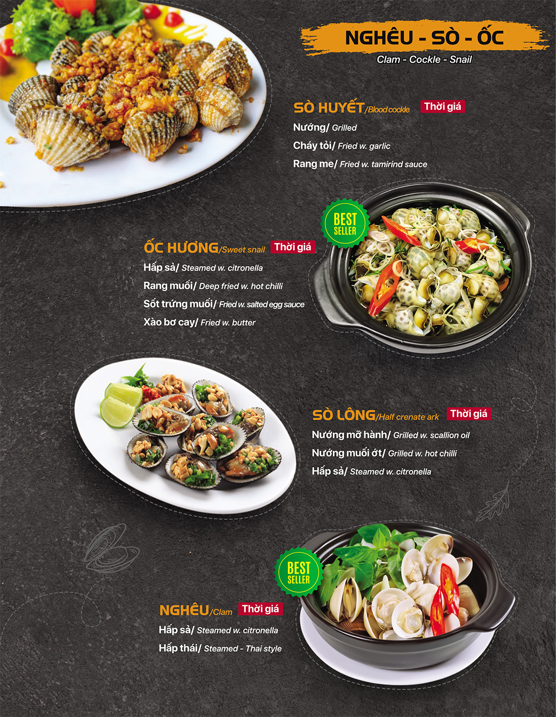 Trang thực đơn các món nghêu, sò, ốc