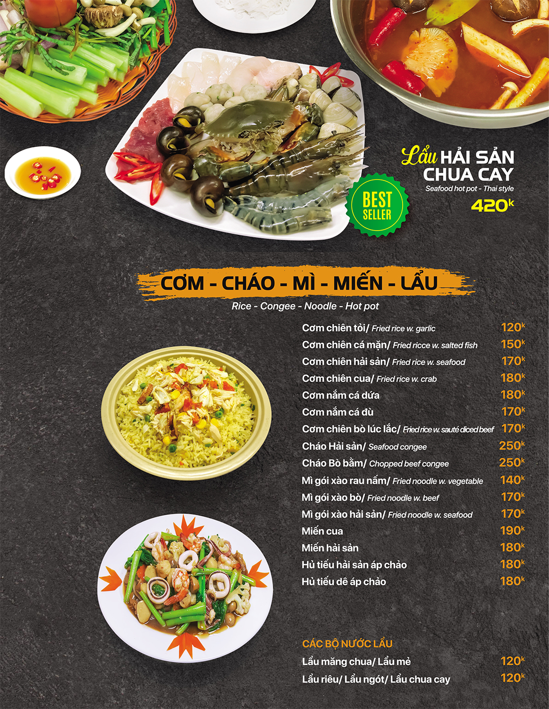 Trang thực đơn cơm, cháo, mì, miến và lẩu