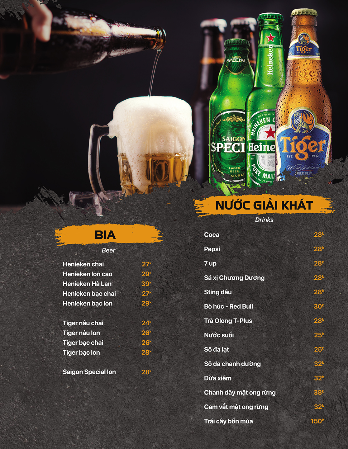 Trang thực đơn đồ uống và bia