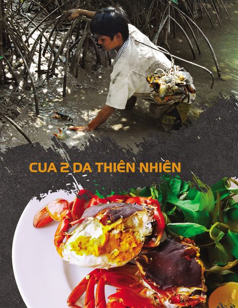Trang thực đơn “Cua đá thiên nhiên” với ảnh người cầm cua